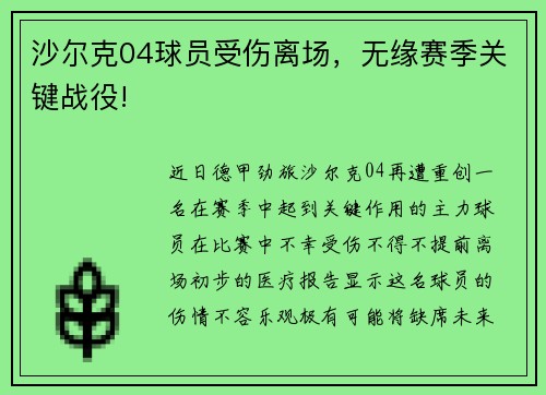 沙尔克04球员受伤离场，无缘赛季关键战役!